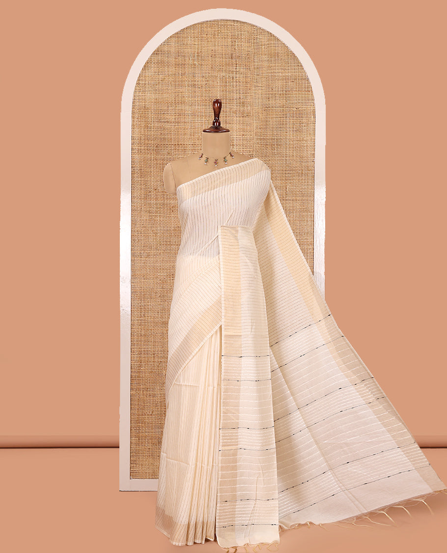 Cream Bhagalpuri Cotton Saree Features Vertical Stripes, a Zari Border, and a Matching Blouse