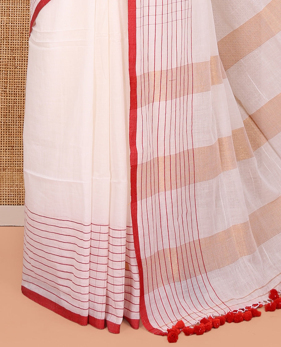 White Plain Khadi Mul Cotton Saree, Contrast Dobby-Style Buttas and Striped Border, and Gleaming Striped Pallu
