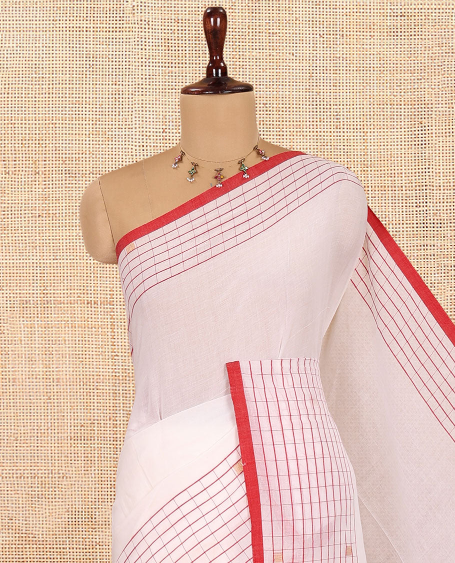 White Plain Khadi Mul Cotton Saree, Contrast Dobby-Style Buttas and Striped Border, and Gleaming Striped Pallu