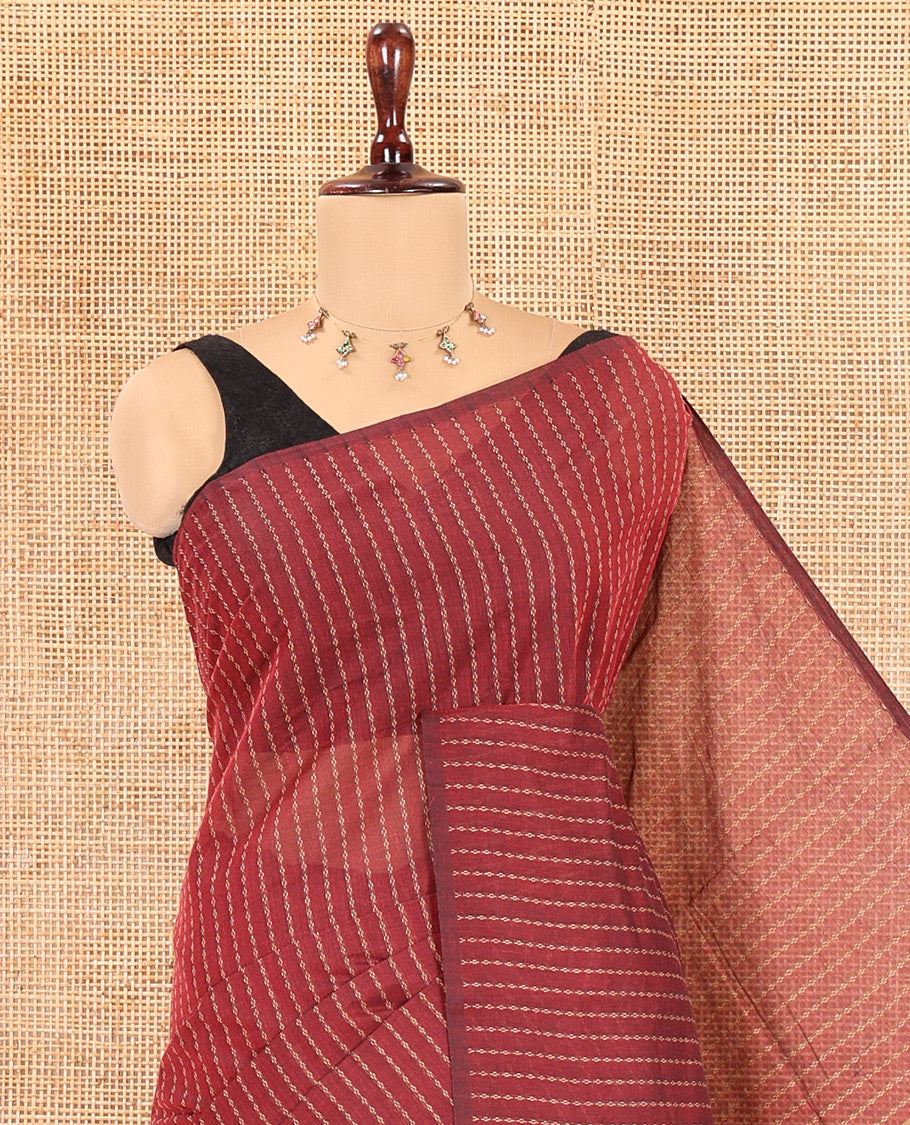 Borderless Maroon Chettinad Cotton Saree, Delicately Woven with Thread Stripes, a Self-Pallu, and No Blouse