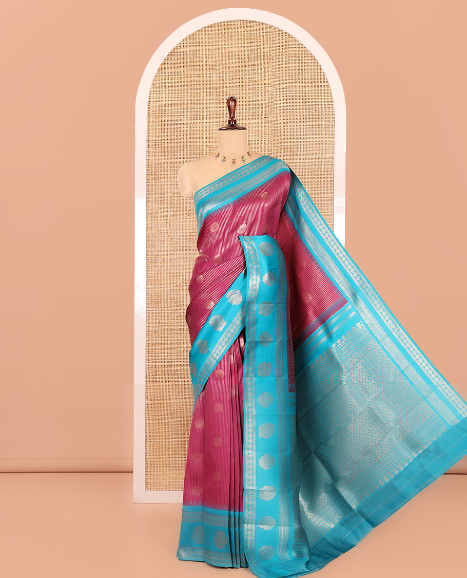 Magenta Kanchi Silk Saree, Elevated with Zari Buttas and Stripes, Contrast Traditional Zari Border, Jaal Pallu, a Contrast Blouse