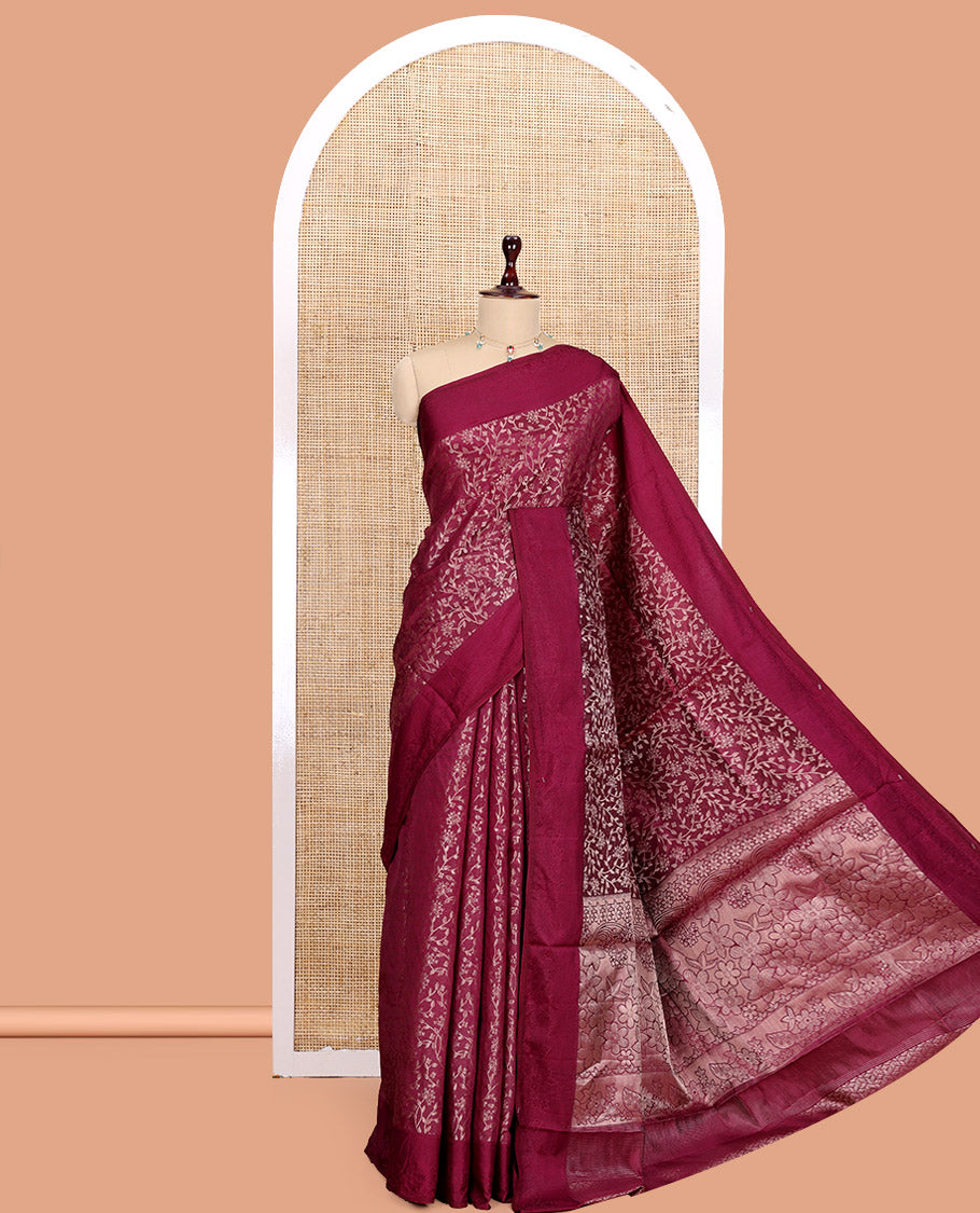 Purple Semi-Tussar Saree, Elevated with Floral Jacquard Design, an Embossed Border, a Floral Pallu, and a Matching Blouse