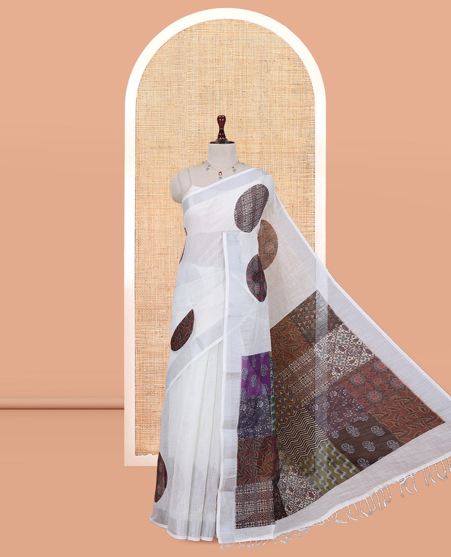 Cream Linen Cotton Saree, Elevated with Polka Dots Print, a Subtle Zari Border, Geometric Printed Pallu, and a Contrast Blouse