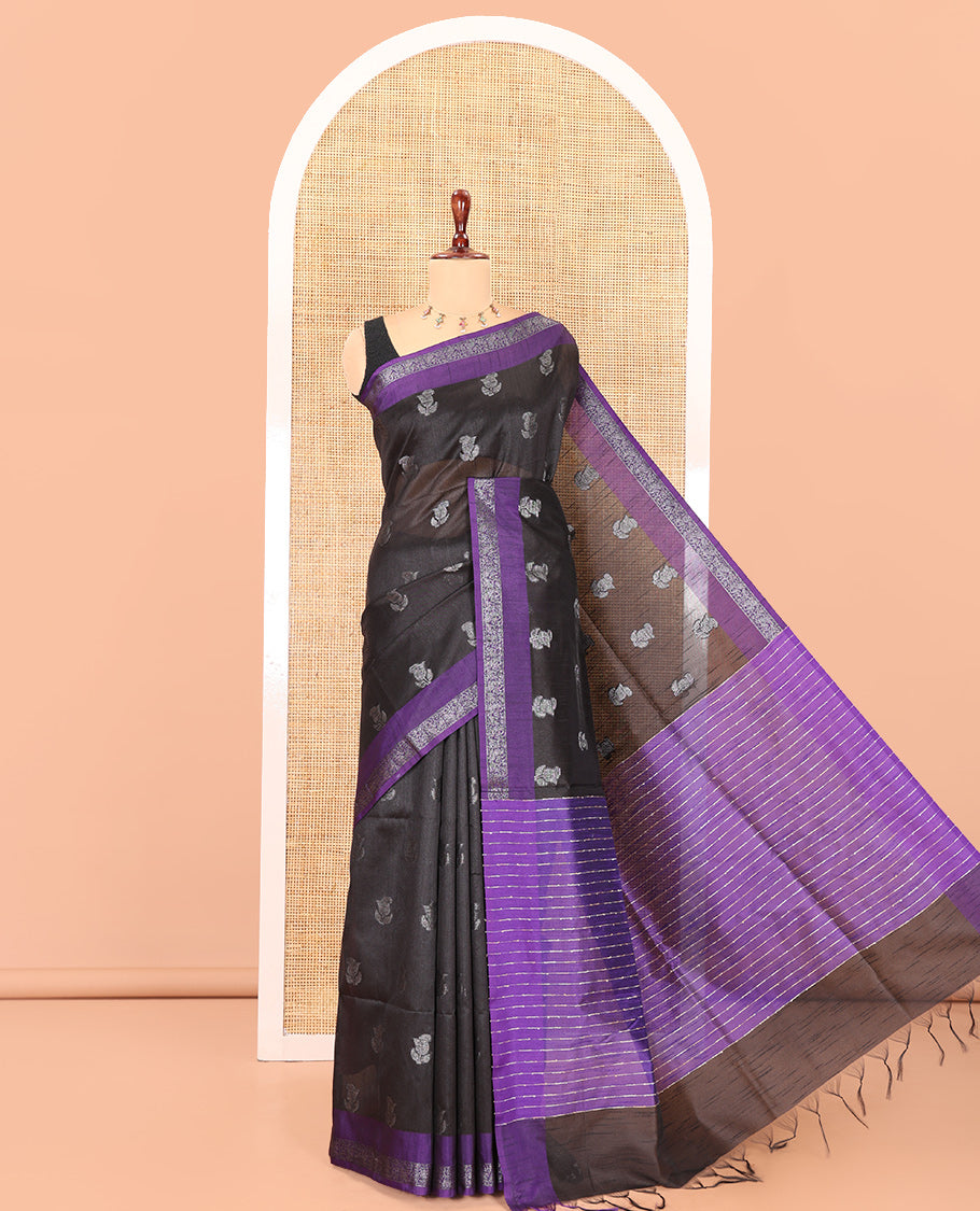 Black Semi-Raw Silk Saree, Sparsely Woven with Zari Buttas, Complemented by Contrast Zari Border, Striped Pallu, and a Contrast Blouse