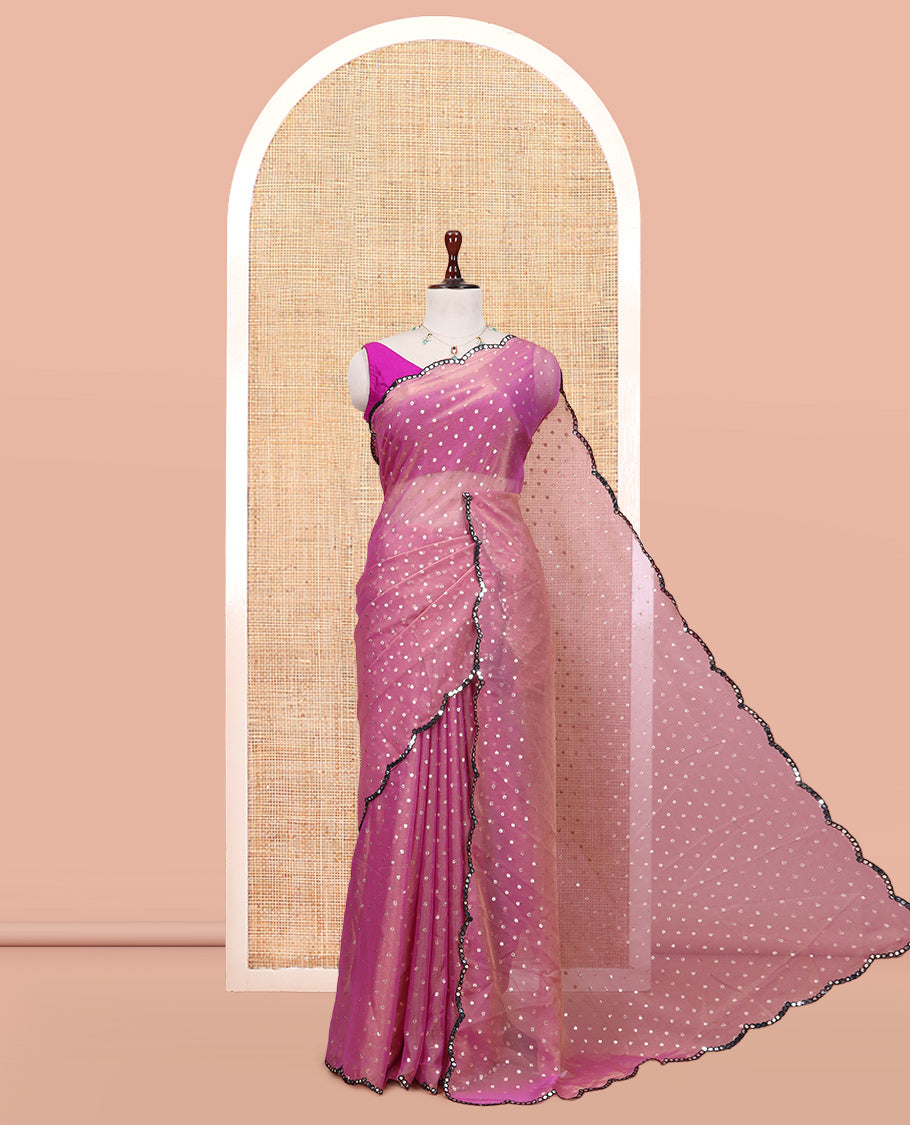 Onion Pink Shimmer Chiffon Saree, Steeped with Buttas, a Scallop Mirror Work Border, and a Matching Blouse
