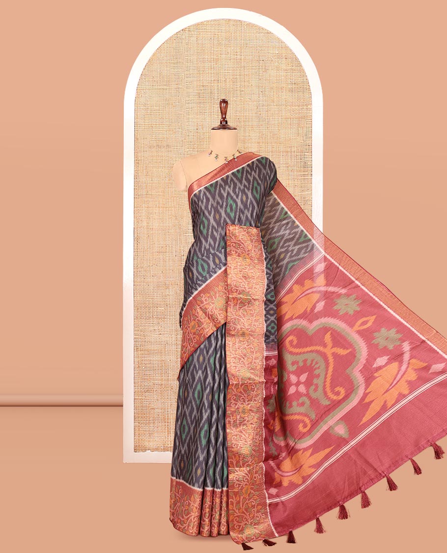 Black Manipuri Silk Saree, Adorned with Pochampally Ikat Designs, a Contrast Floral Printed Border, a Contrast Blouse