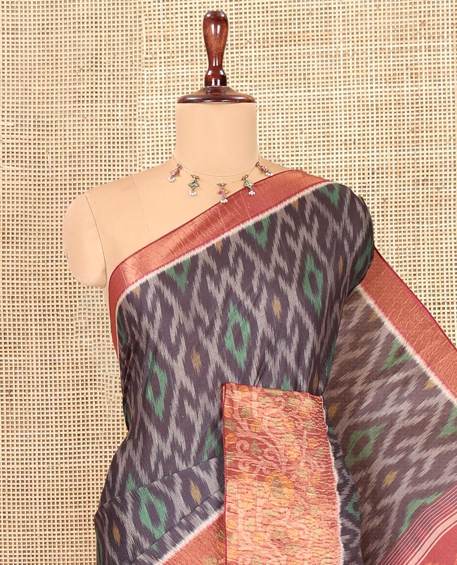 Black Manipuri Silk Saree, Adorned with Pochampally Ikat Designs, a Contrast Floral Printed Border, a Contrast Blouse