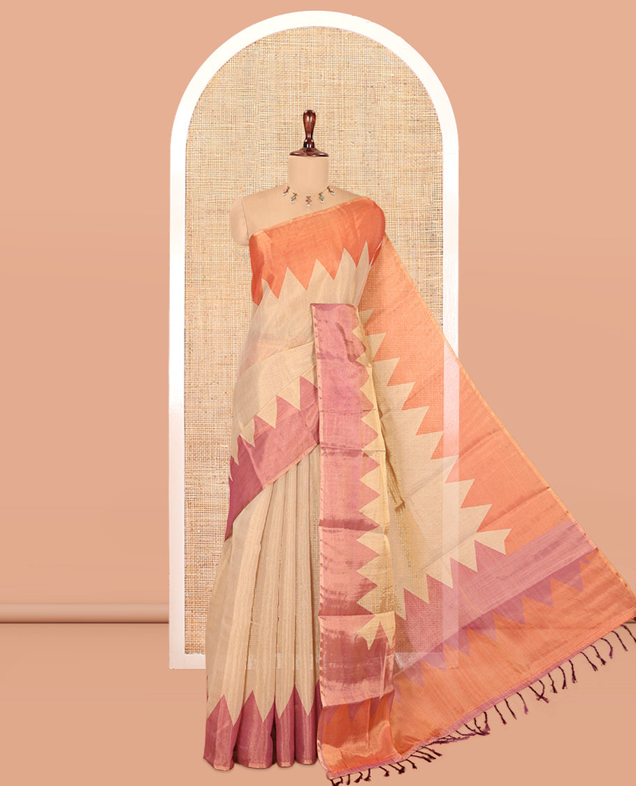 Gold-Violet-Rust Plain Tissue Saree, Complemented by Contrast Ganga-Jamuna Temple Border, a Matching Blouse