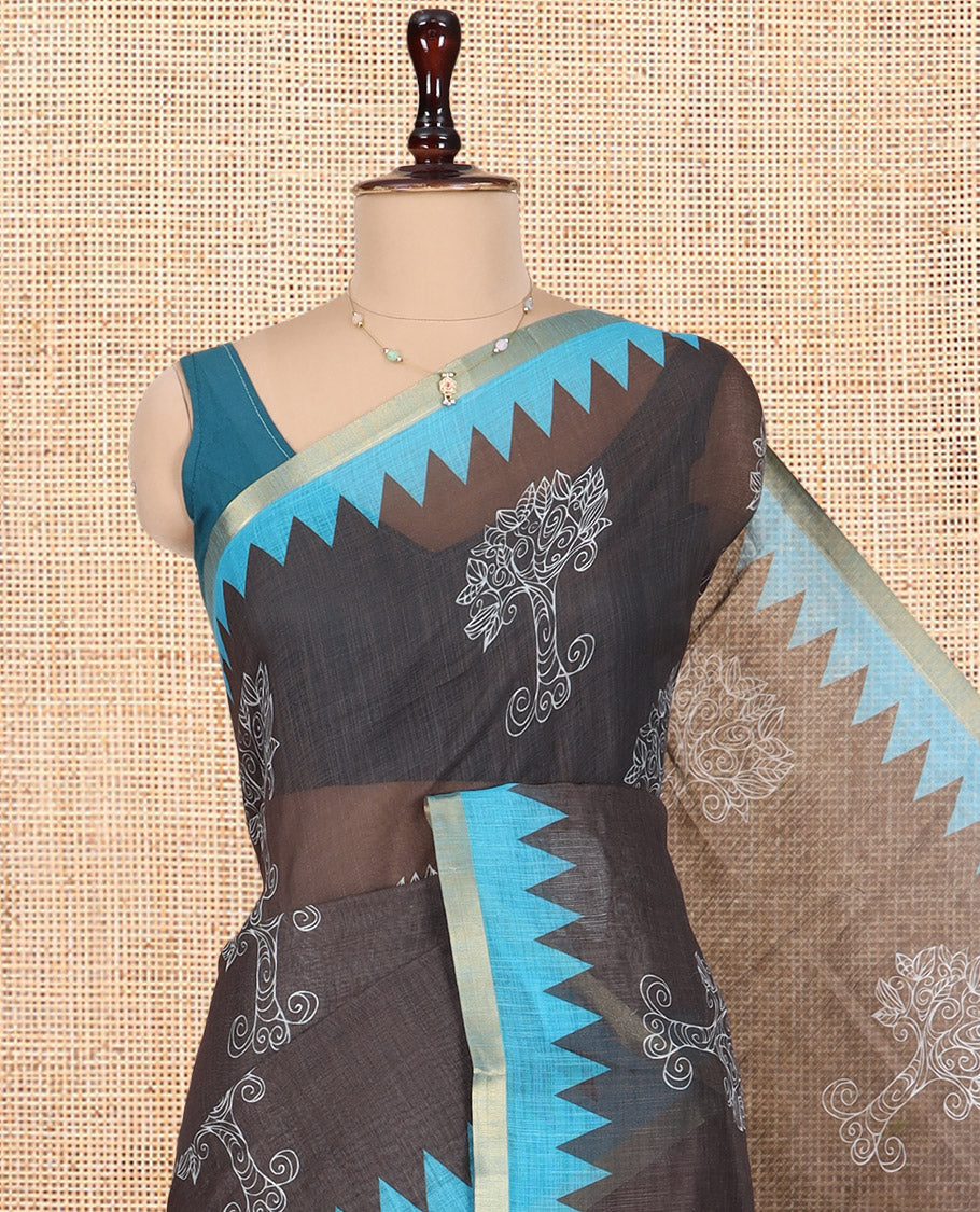Brown Linen Cotton Saree Features Tree Motifs, Contrast Temple Border, Animal Motif Pallu, Contrast Blouse