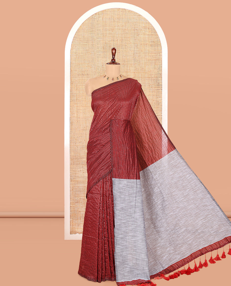 Borderless Red Zari Striped Khadi Cotton Saree, Contrast Pallu, and No Blouse