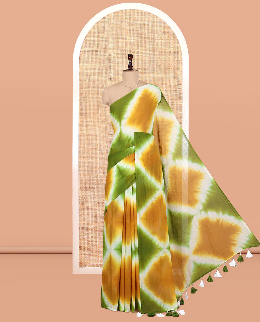 Borderless Mustrad-Green Diamond Shibori Printed Khadi Mul Cotton Saree, and No Blouse