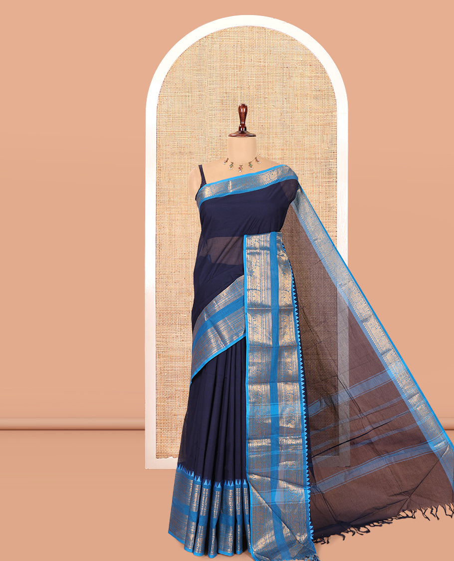 Navy Blue Chettinad Cotton Saree, Contrast Traditional Rettai Pettu Border, Striped Pallu, Matching Blouse