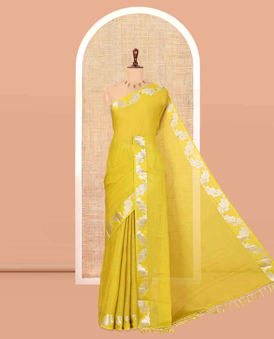 Yellow Wrinkle Chiffon Saree, Highlighted by Floral Creeper Border, and No Blouse