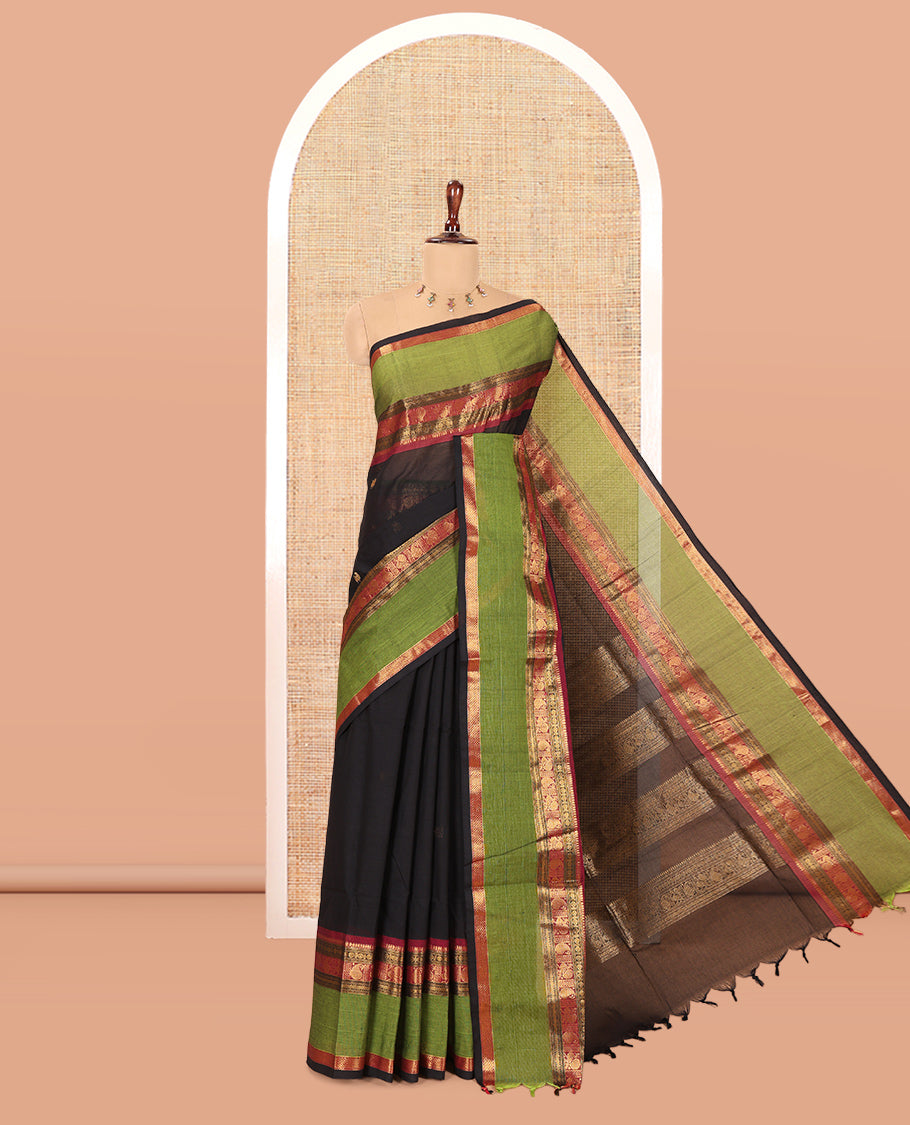 Black Chettinad Cotton Saree, Woven with Zari Buttas, a Contrast Traditional Rettai Pettu Border, Matching Blouse