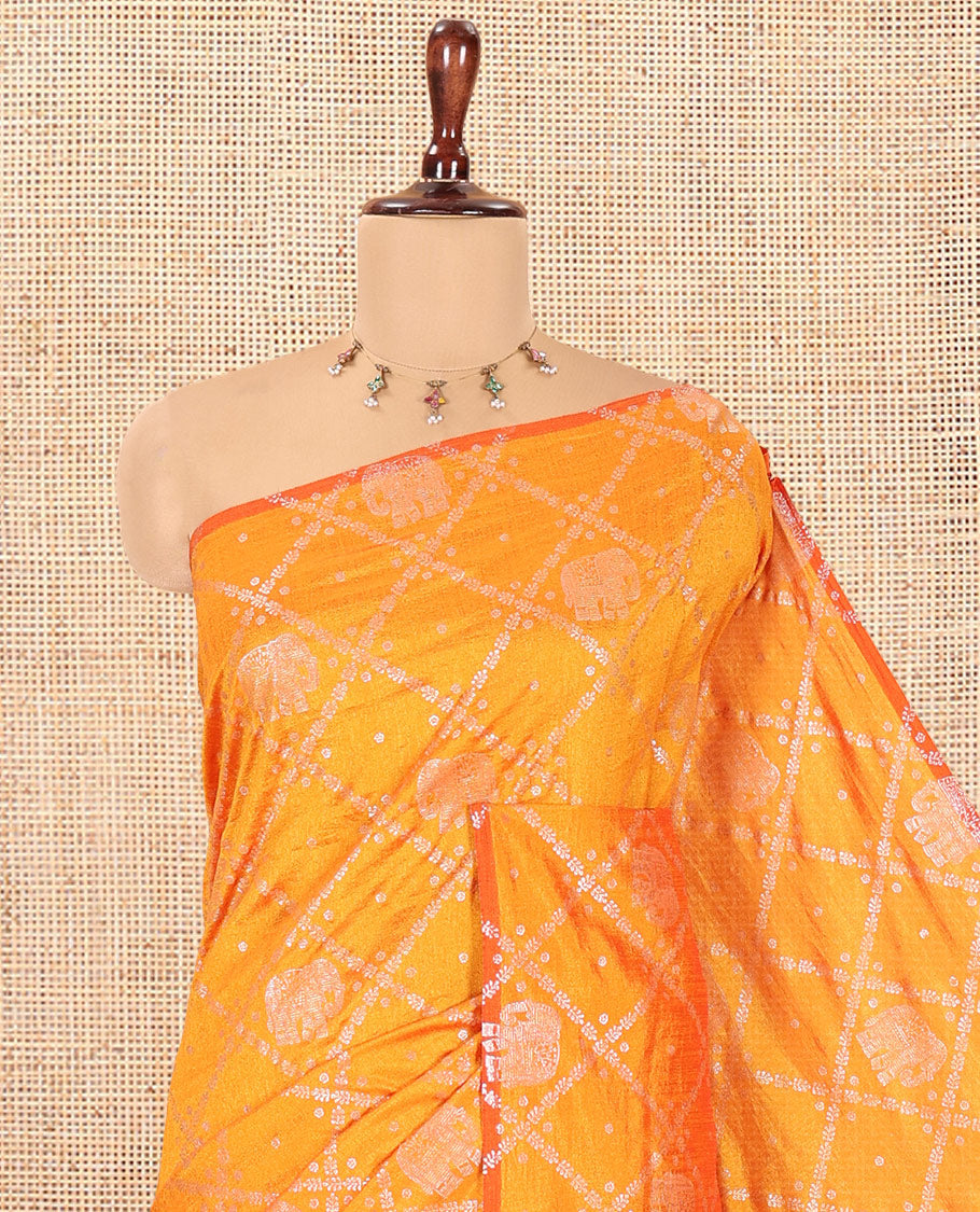 Borderless Yellow Vichitra Silk Saree Features Elephant Butta Enclosed Jaal Design, a Self-Pallu, and No Blouse