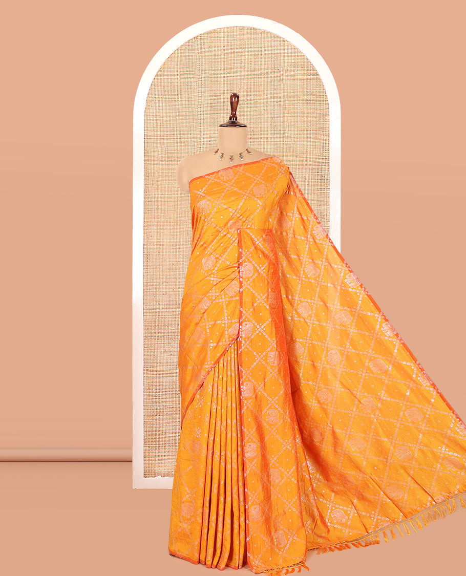 Borderless Yellow Vichitra Silk Saree Features Elephant Butta Enclosed Jaal Design, a Self-Pallu, and No Blouse