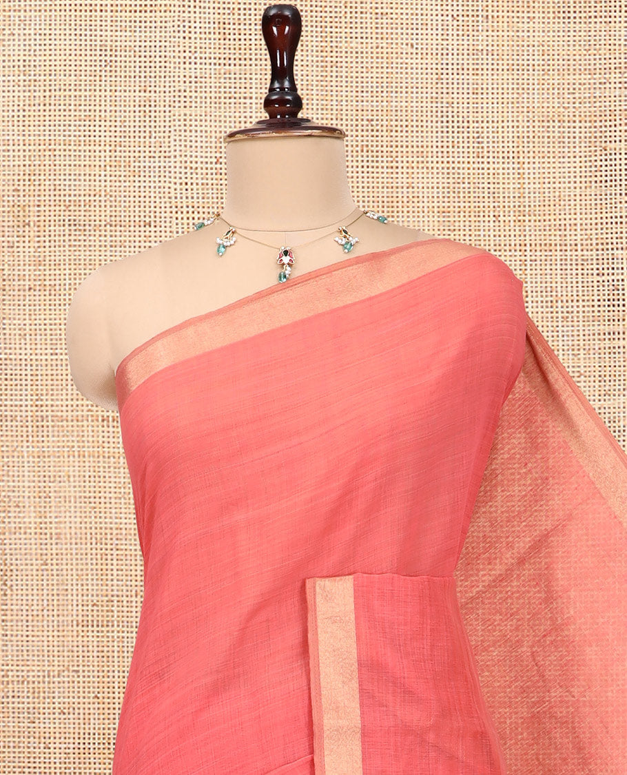 Brick Red Plain Semi-Tussar Saree, a Zari Border, Multi-Colored Striped Pallu, and a Contrast Blouse
