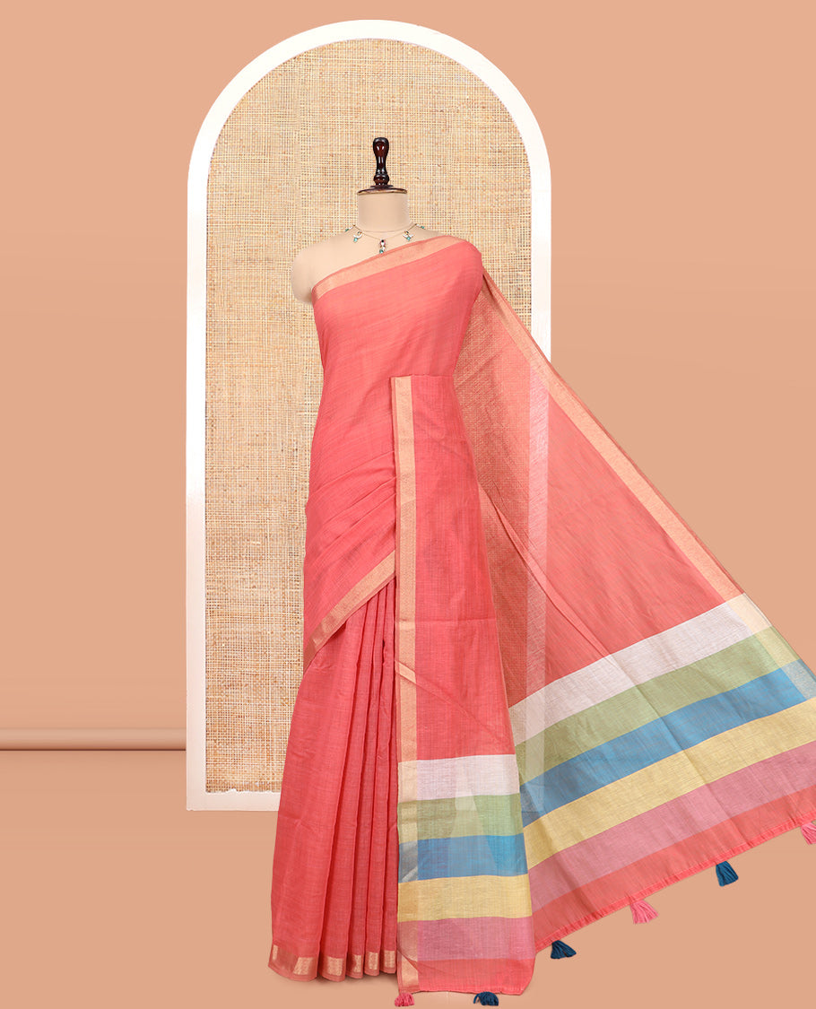 Brick Red Plain Semi-Tussar Saree, a Zari Border, Multi-Colored Striped Pallu, and a Contrast Blouse