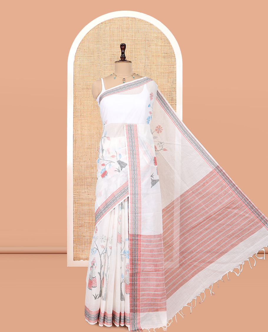 Off-White Handloom Cotton Saree Features Tree and Human Motifs, a Traditional Thread Border, Striped Pallu, a Contrast Blouse