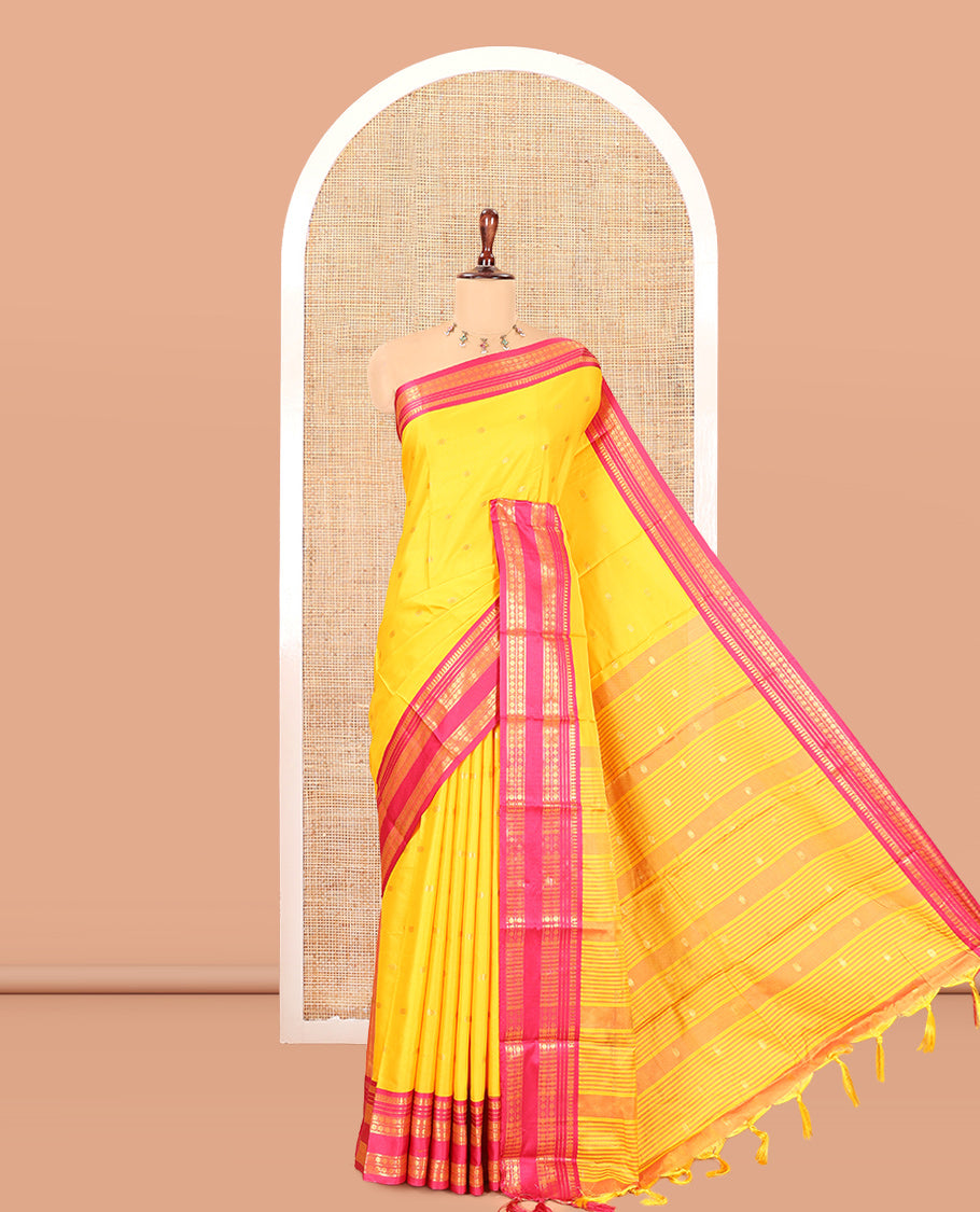 Yellow Softy Silk Saree, Adorned with Zari Buttas, a Contrast Traditional Zari Border, and a Matching Blouse