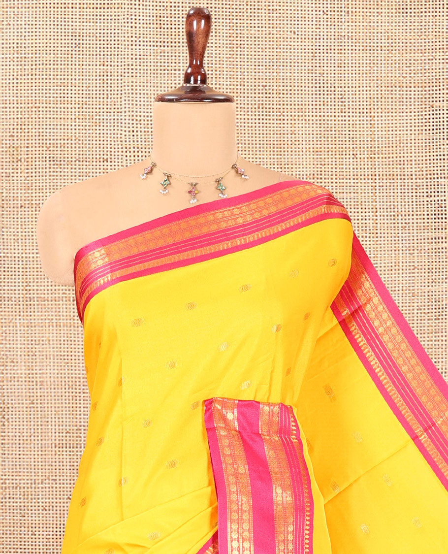 Yellow Softy Silk Saree, Adorned with Zari Buttas, a Contrast Traditional Zari Border, and a Matching Blouse