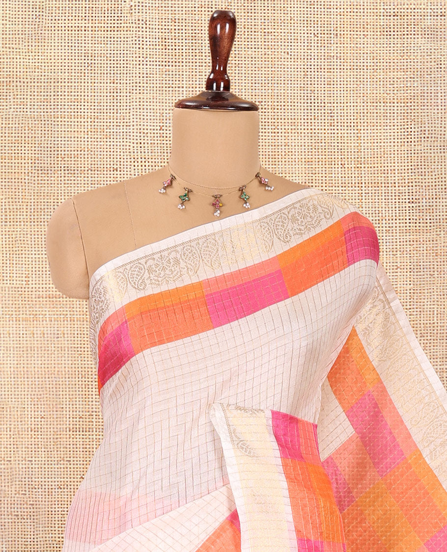 Cream-Pink Checked Semi-Tussar Saree, a Contrast Madras-Checked Border, a Contrast Blouse