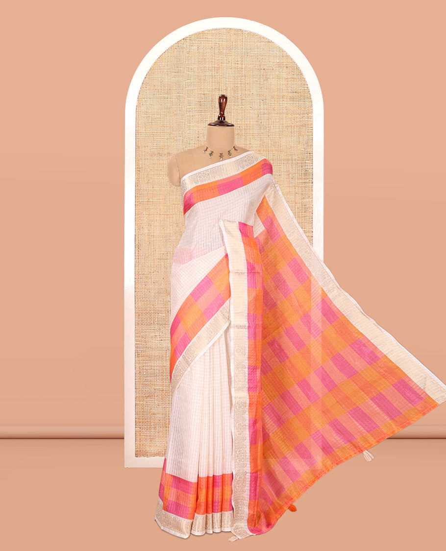 Cream-Pink Checked Semi-Tussar Saree, a Contrast Madras-Checked Border, a Contrast Blouse