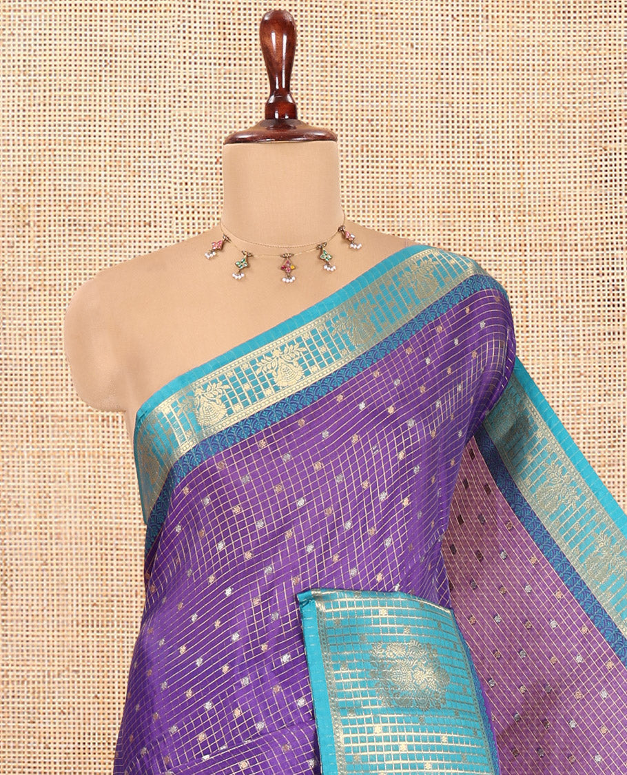 Royal Blue Semi-Katan Silk Saree, Enriched with Buttas and Zari Checks, a Contrast Traditional Zari Border, and a Contrast Blouse