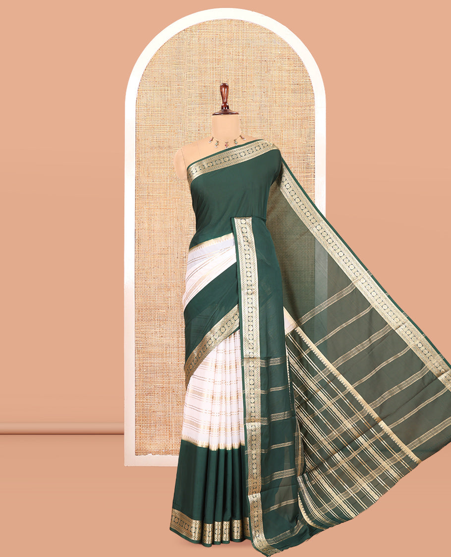 Green Zari Striped Art Mysore Crepe Saree, a Contrast Traditional Zari Big Border, a Grand Pallu, and a Contrast Blouse
