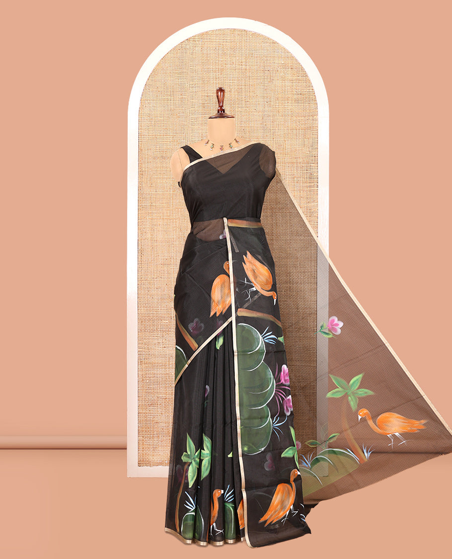 Black Kota Doria Saree Features Flora-Flamingo Hand-Brush Print, a Piping Border, Matching Blouse