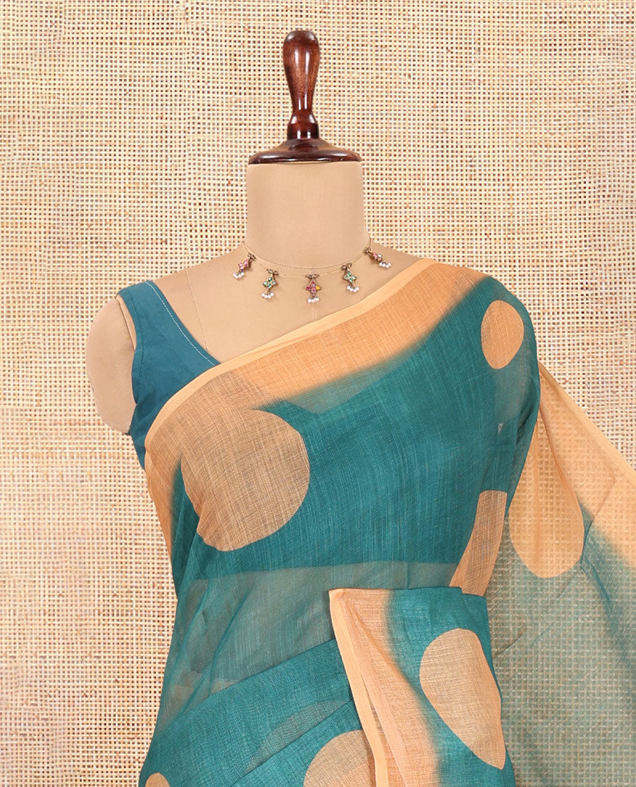 Green Linen Cotton Saree, Subtly Sparkled with Polka Dot Buttas, a Contrast Border, a Contrast Blouse