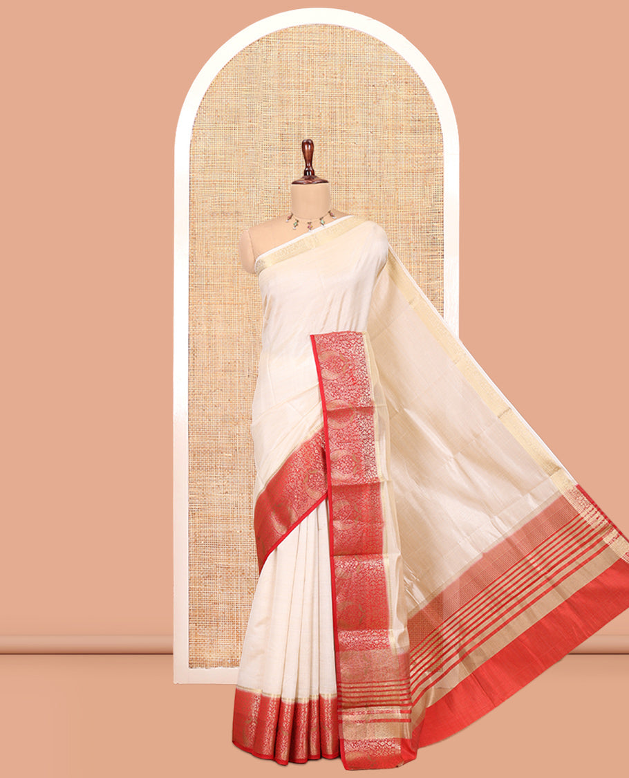 Cream-Red Plain Art Tussar Saree