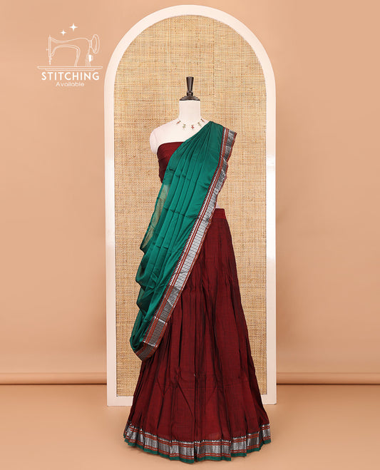 Maroon mercerized cotton half-saree, plain & contrast traditional temple border skirt, matching blouse & contrast temple zari border vichitra silk dhavani