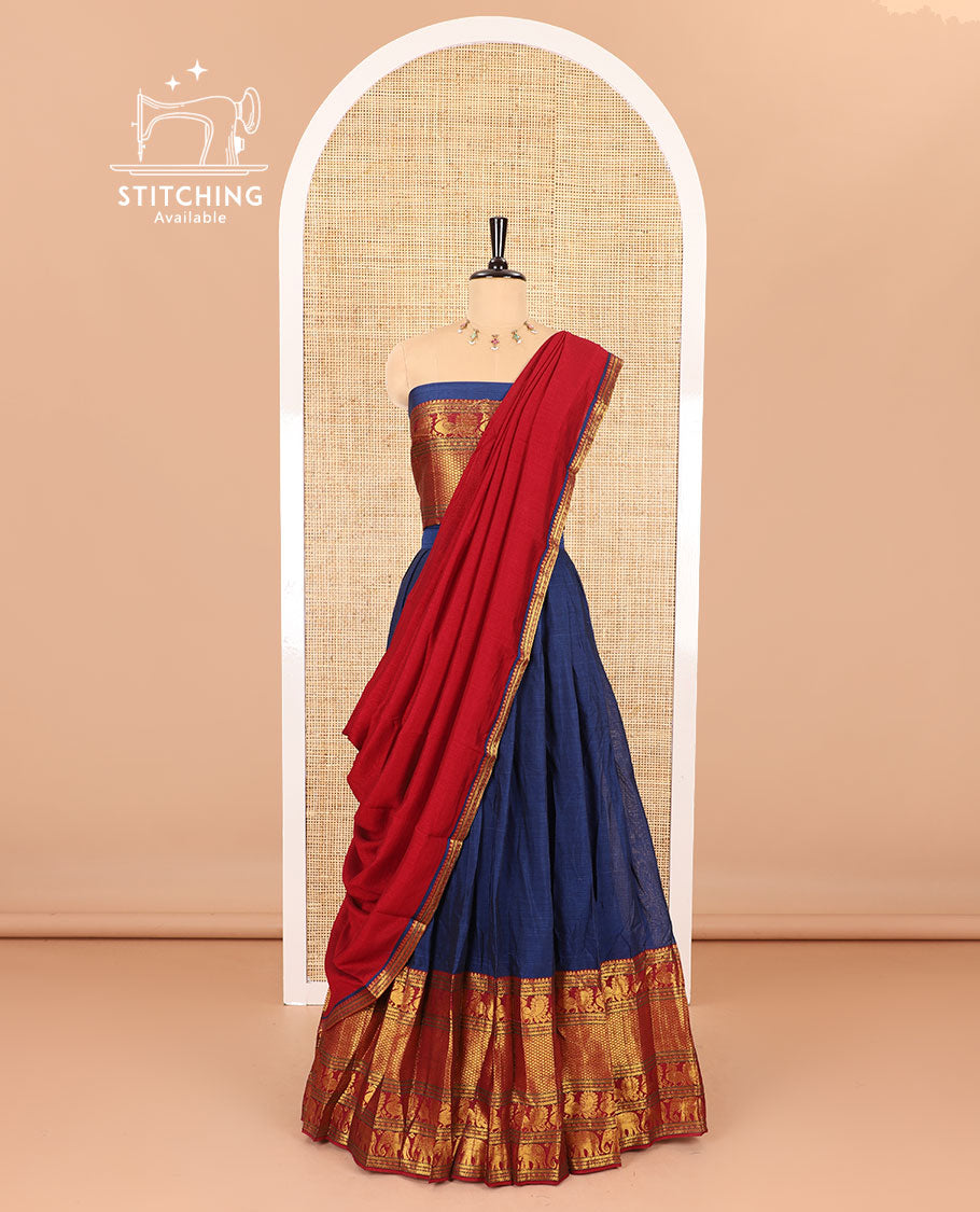 Blue half-saree, plain with big contrast traditional zari motifs steeped border skirt, matching blouse and a plain zari border contrast dhavani