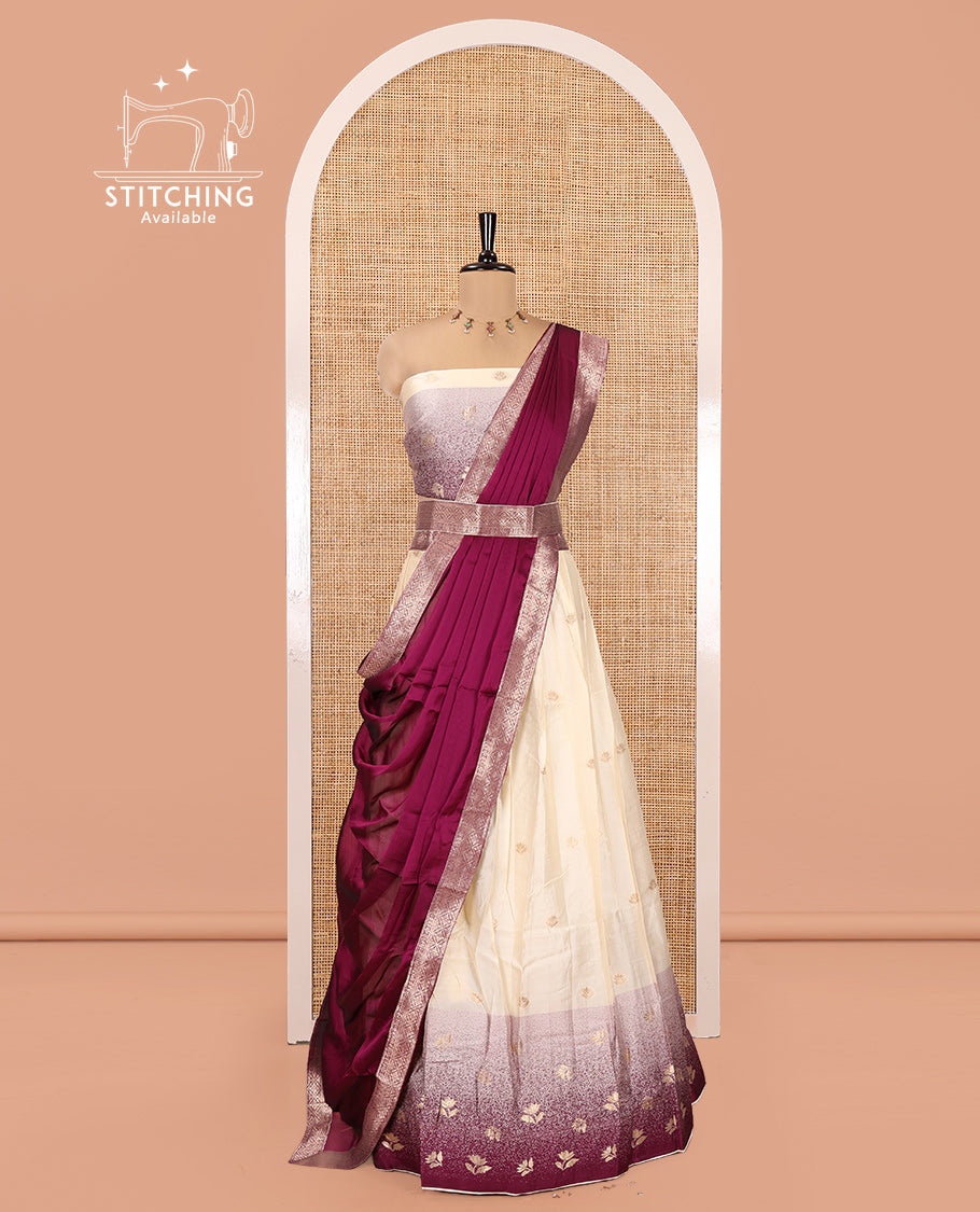 Cream-Wine Semi-Silk Half-Saree Featuring Buttas Skirt, Contrast Floral Border, Matching Blouse, Contrast Syska Georgette Dhavani
