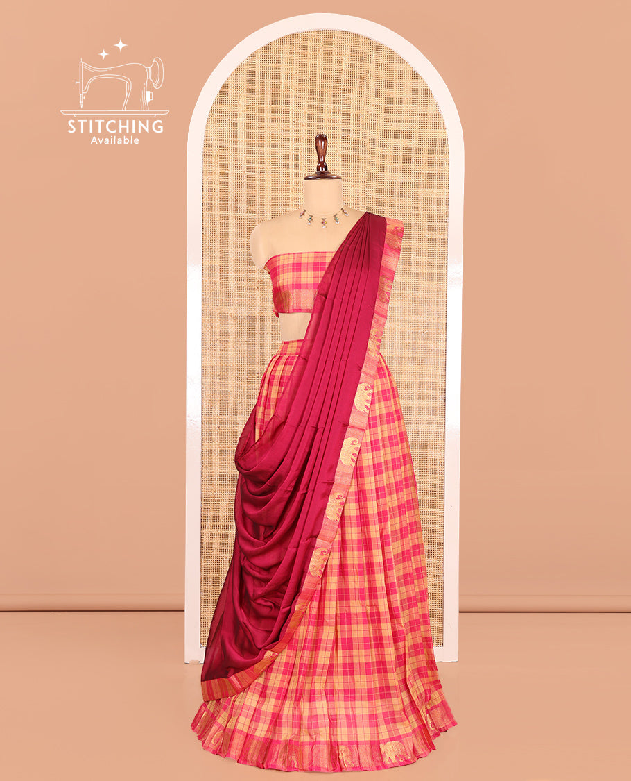 Chikku-Rani Pink Chettinad Cotton Half Saree Features Checked Skirt, a Traditional Zari Border, a Matching Blouse, and a Contrast Dhavani