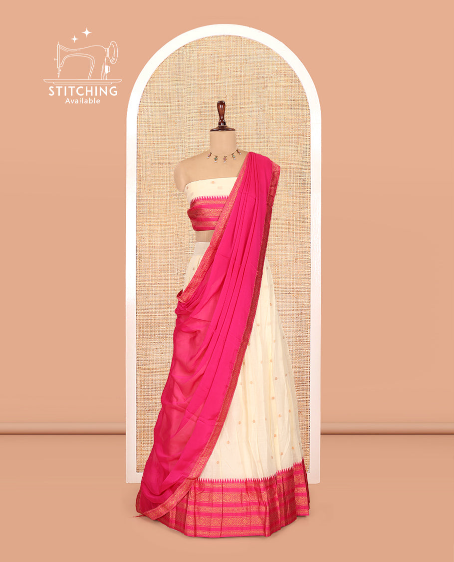 Sandal-Rani Pink Banaras Kota Half-Saree, Zari Buttas Skirt, Contrast Traditional Border, Matching Blouse, Contrast Dhavani