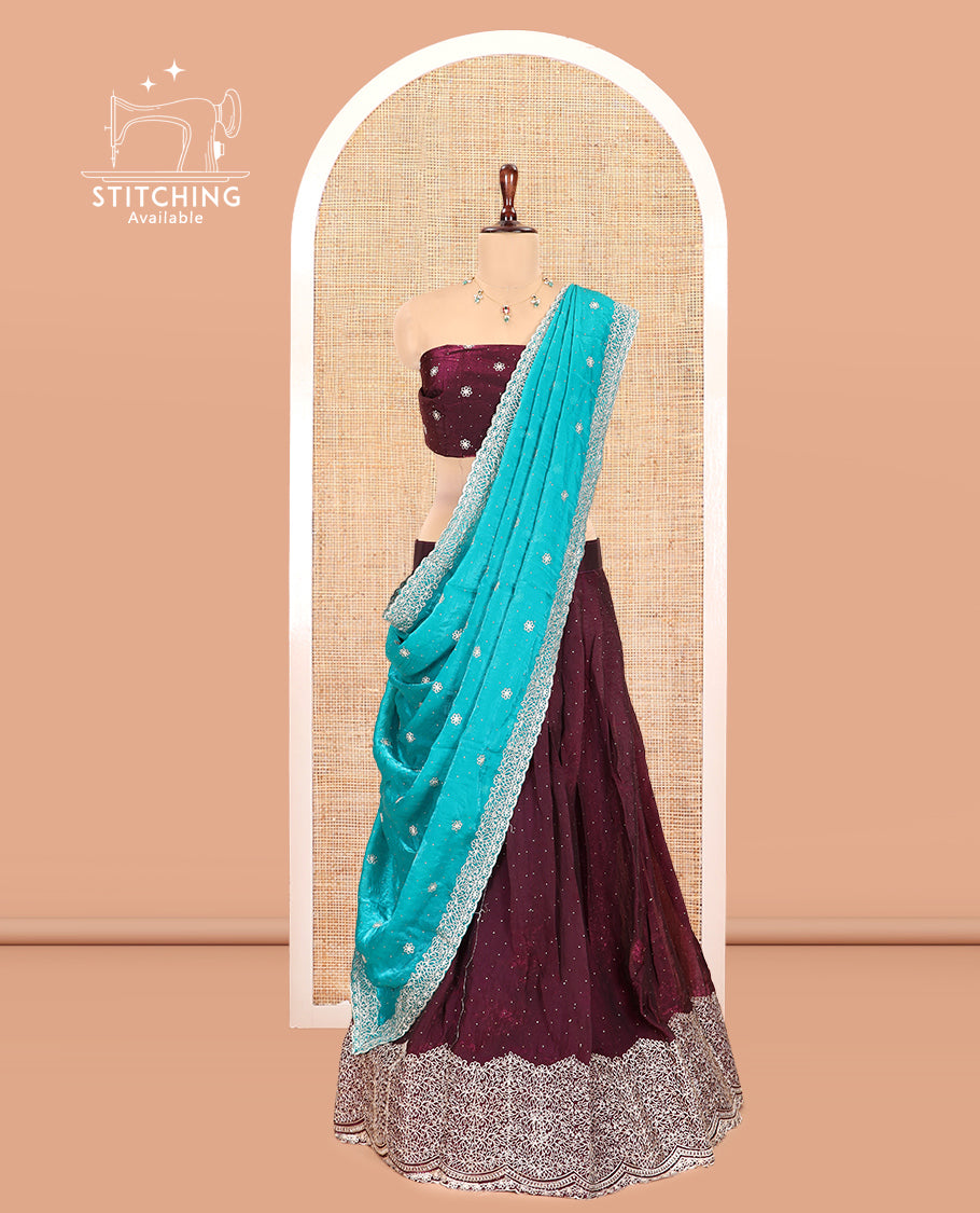 Wine Velvet Organza Half-Saree with Glitter Work Skirt, Embroidered Border, a Matching Blouse, and Contrast Embroidered Dhavani