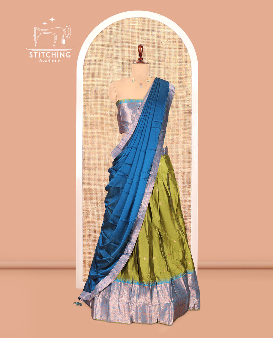 Parrot Green-Firozi Blue Semi-Silk Half-Saree, Zari Buttas Skirt, Contrast Traditional Zari Border, a Matching Blouse, a Contrast Blouse