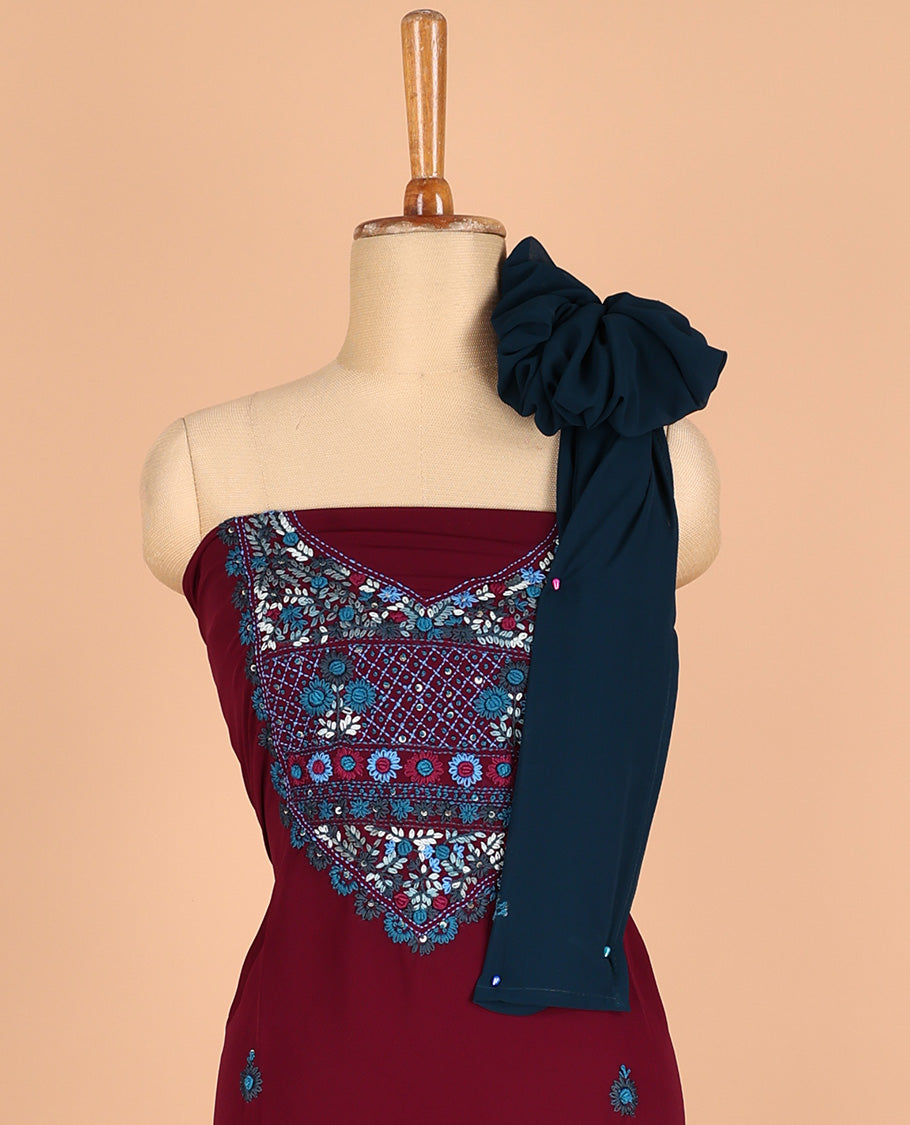dusty crape color chudidhar material challa flower print georgette top with santoon material pants & challa work dupatta