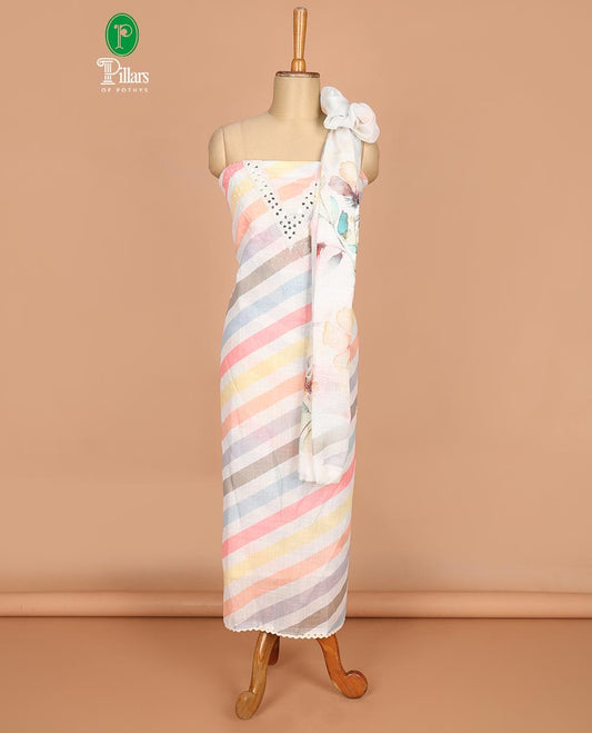 Multi-color leheriya print, moti , mirror work semi linen chudidhar material top with cotton pants & floral print dupatta