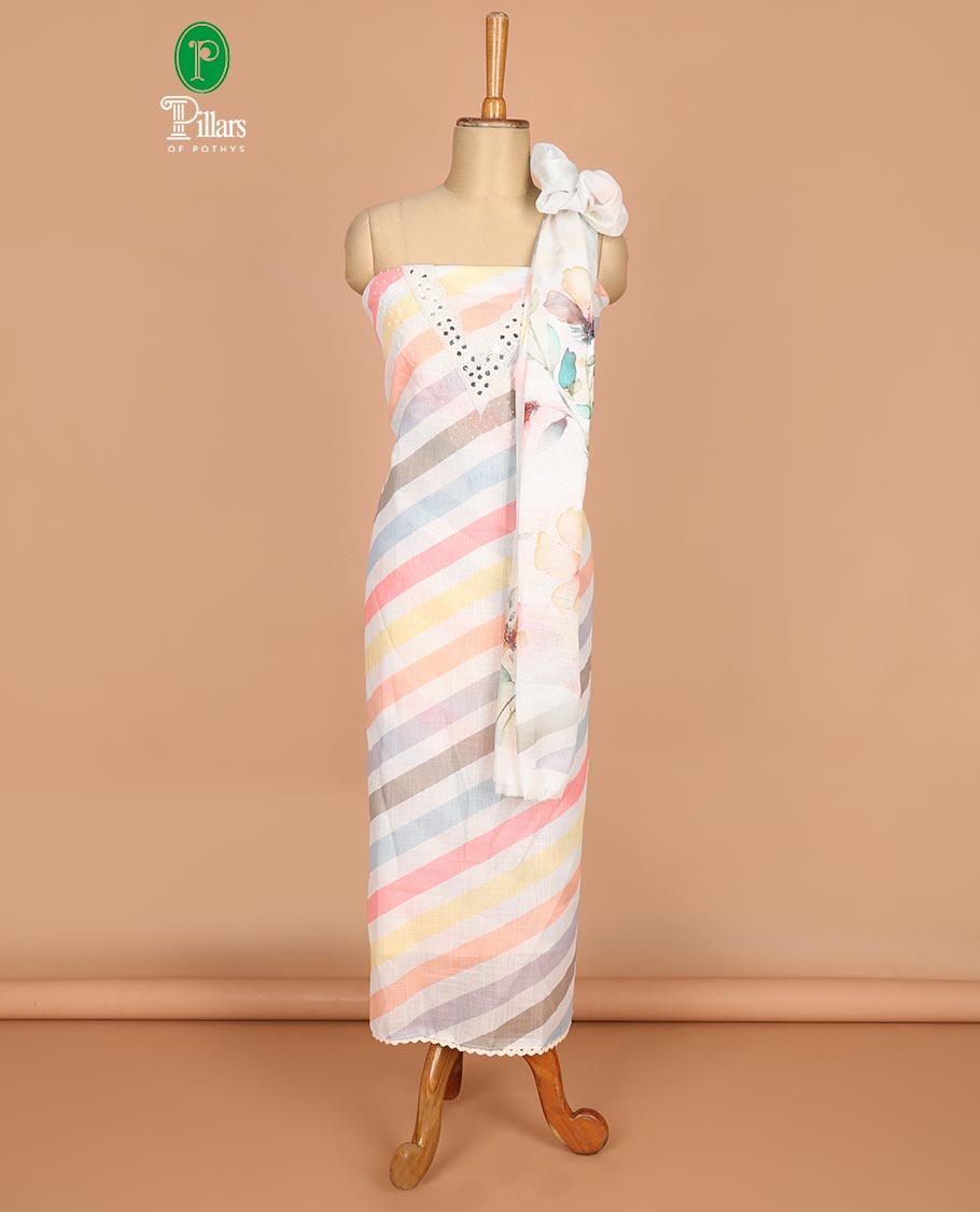 Multi-color leheriya print, moti , mirror work semi linen chudidhar material top with cotton pants & floral print dupatta