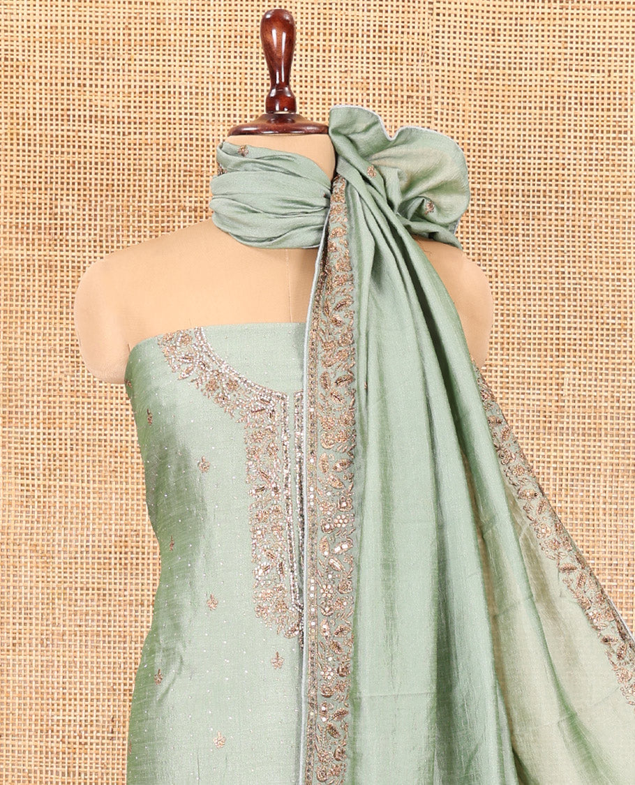Pista Green Vichitra Silk Material Chudidar, Embroidered and Cut-work Top, Santoon Bottom, and an Embroidered Dupatta