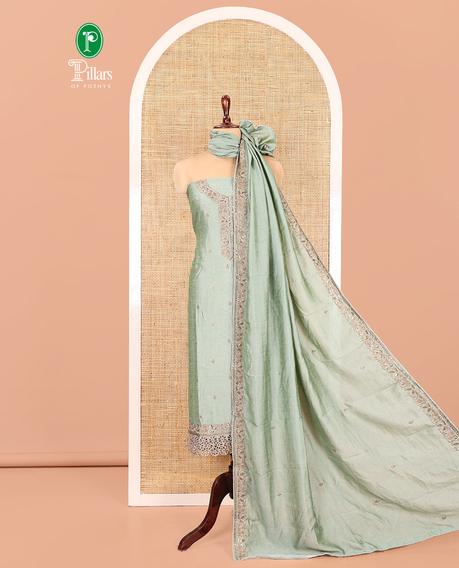 Pista Green Vichitra Silk Material Chudidar, Embroidered and Cut-work Top, Santoon Bottom, and an Embroidered Dupatta