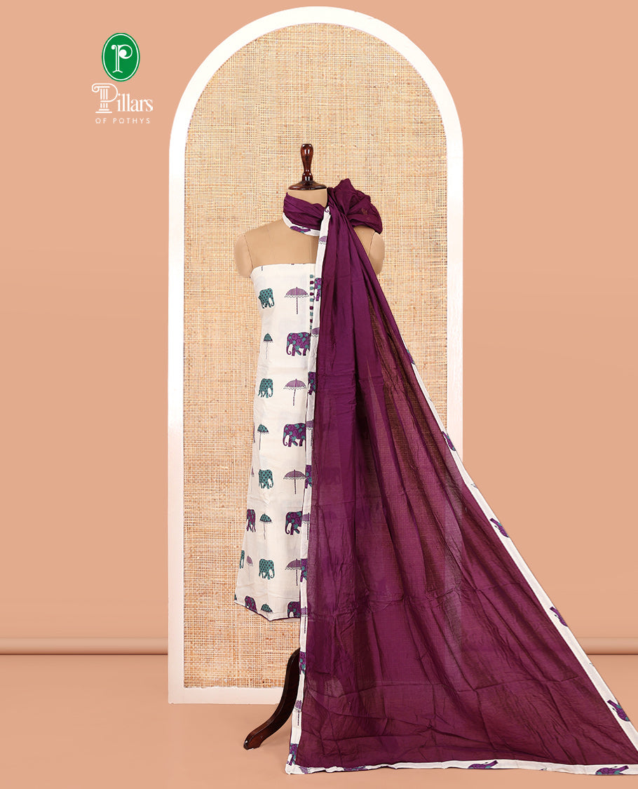 Cream-Purple Material Chudidar Features an Elephant-Umbrella Printed Top, a Contrast Bottom, Contrast Bordered Dupatta