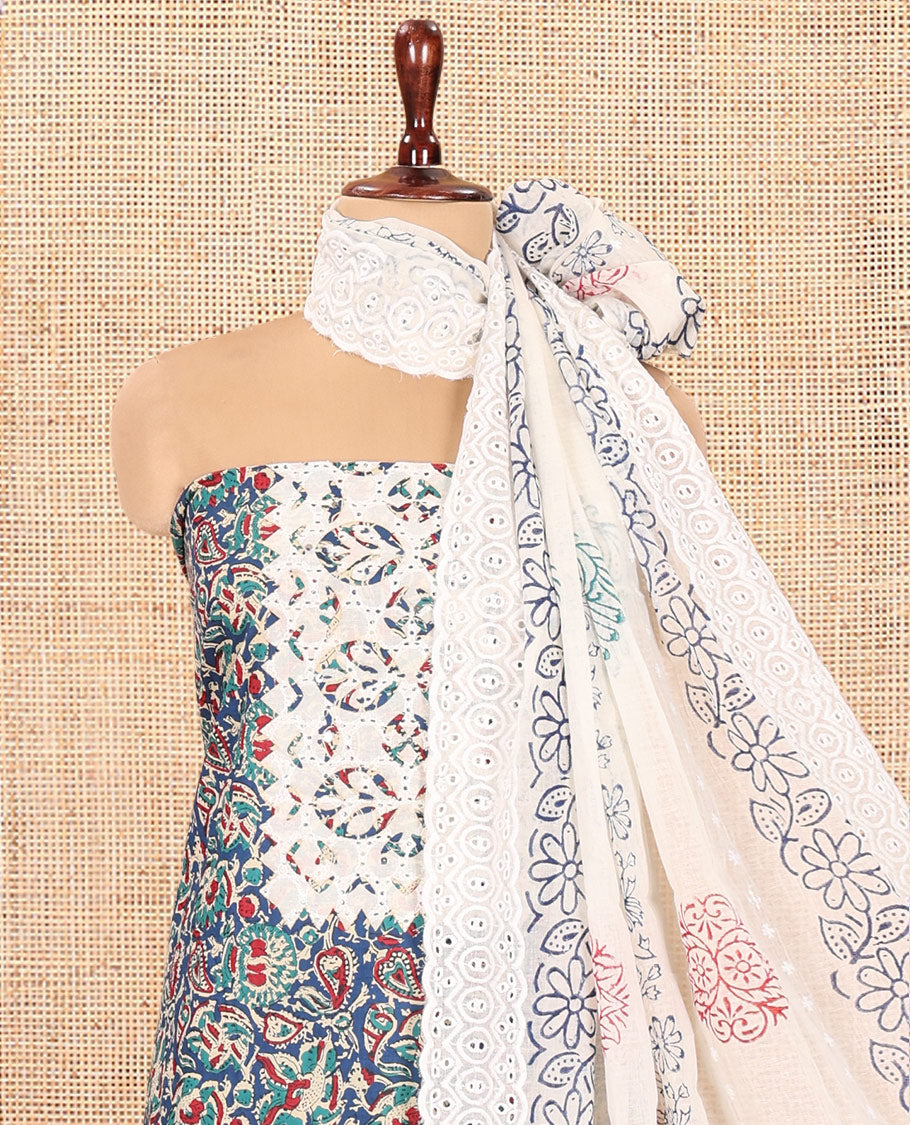 Blue Cotton Material Chudidar, Floral Printed Hakoba Top, a Contrast Bottom, Print-Hakoba Dupatta