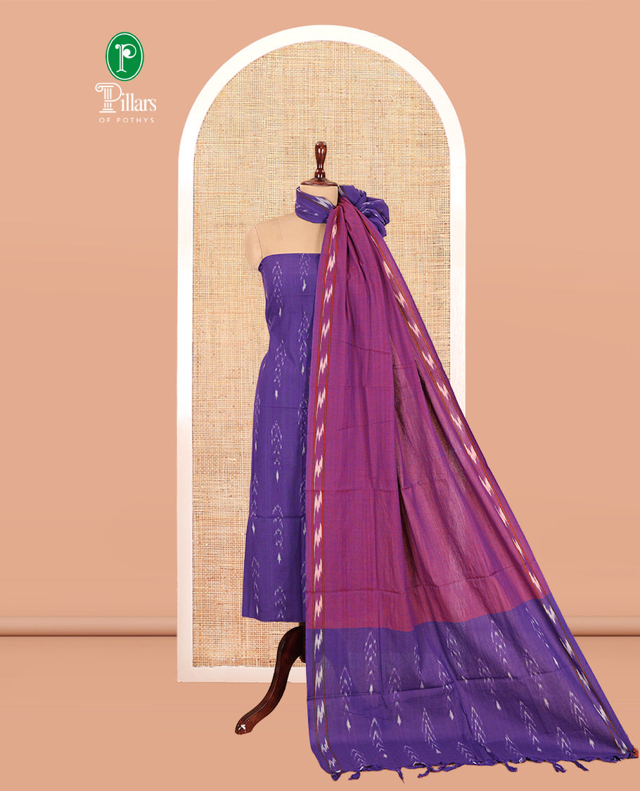 Dark Lavender Pure Cotton Saree Material Chudidar Ikat Buttas Top, a Contrast Bottom, and Ikat Dupatta