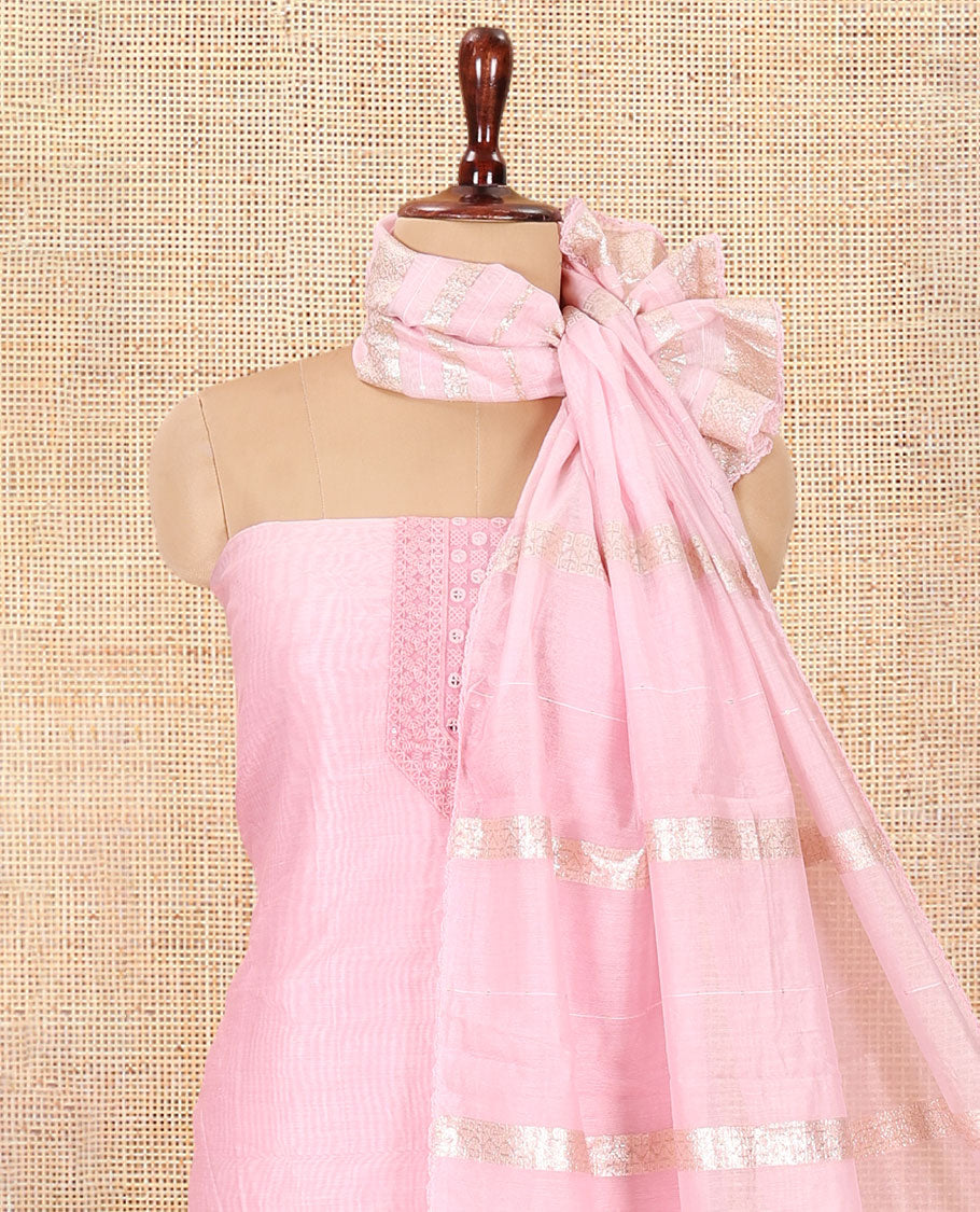 Pink Mul Chanderi Material Chudiddar, Embroidered Top, Plain Bottom, Zari Striped Dupatta