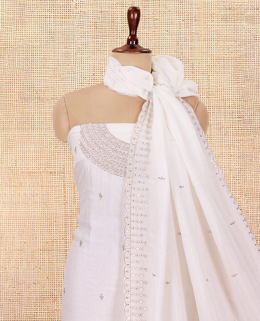 Cream Vichitra Silk Material Chudiddar, Embroidered Top, Plain Bottom, Scallop Embroidered Dupatta