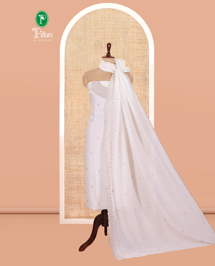 Cream Vichitra Silk Material Chudiddar, Embroidered Top, Plain Bottom, Scallop Embroidered Dupatta